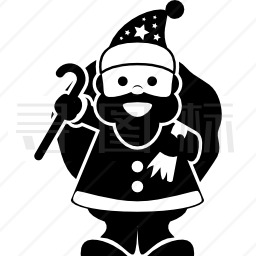 圣诞圣诞老人人物手持礼物包在他的背上，一只手和一根手杖在另一只手上图标