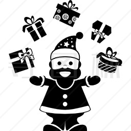 圣诞老人拿着礼物放在他手上的拱门上，像杂耍演员一样耍花招。图标