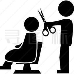 理发师用剪刀剪头发给坐在他面前的顾客图标