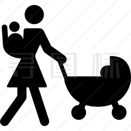 母亲背着婴儿走路，婴儿在婴儿车上走路图标