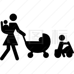 母亲带着三个婴儿散步图标